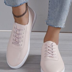 Solid Leather Lace-up Flats Sneakers, Sneakers, color:Pink|size:43, JustFashionNow