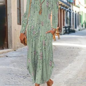Women Abstract Crew Neck Long Sleeve Comfy Casual Maxi Dress, Maxi, color:Green|size:XXL, Noracora
