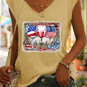 Women's Red Wine and Blue 4th of July Leopard Print American Flag V Neck Cotton-Blend Simple Tank Top, color:Khaki|size:3XL, Lilicloth.com