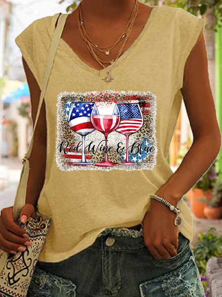 Women's Red Wine and Blue 4th of July Leopard Print American Flag V Neck Cotton-Blend Simple Tank Top, color:Khaki|size:3XL, Lilicloth.com