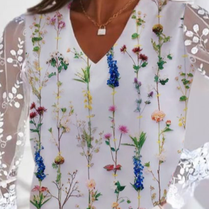 JFN V Neck Floral Lace Patchwork Elegant Shirt, Tops, color:White|size:XXL, JustFashionNow