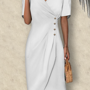 Women Elegant V Neck Buttoned Wrap Hem Button Short Sleeve Vacation Dress, Midi Dresses, Roselinlin - Online Catalog
