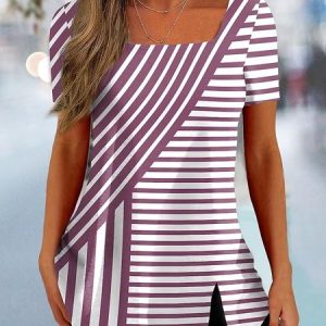 Striped Casual Square Neck Loose T-Shirt, JustFashionNow T-Shirts, color:Pink|size:XXL,
