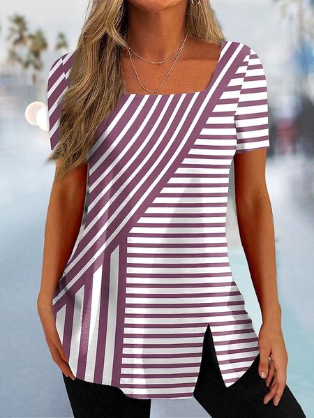 Striped Casual Square Neck Loose T-Shirt, JustFashionNow T-Shirts, color:Pink|size:XXL,