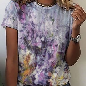 Women’s Plant Pattern Floral Casual Crew Neck Floral T-Shirt, color:As Picture|size:3XL, Lilicloth.com