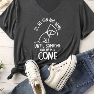 Women's It's All Fun And Games Until Someone Ends Up In A Cone Matching V Neck T-Shirt, color:Gray|size:XXL, Lilicloth.com