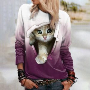Loose Cat Crew Neck Casual Sweatshirt, Sweatshirts & Hoodies, color:Pink|size:XXL, JustFashionNow