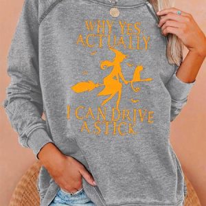 Yes I Can Drive Stick Halloween Crew Neck Long Sleeve Sweatshirt Top, color:Gray|size:3XL, Lilicloth.com