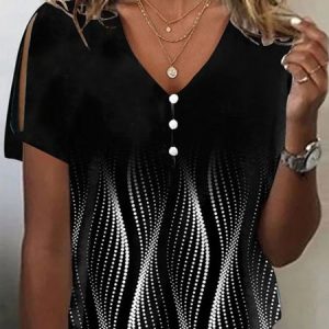 Casual Geometric V Neck Short Sleeve T-shirt, T-shirts, color:Black|size:XXL, catalog Noracora shop
