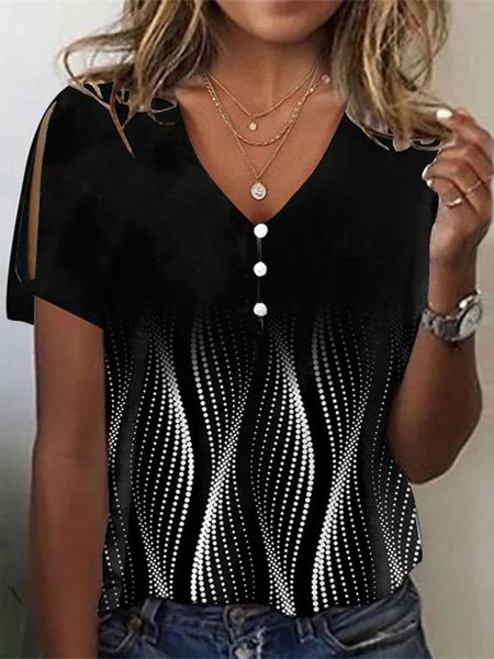 Polka Dots Casual Loose Buttoned T-Shirt, T-Shirts, color:Black|size:XXL, JustFashionNow