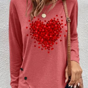 Women's Crew Neck Heart Simple Long Sleeve Top, color:Pink|size:3XL, Lilicloth.com