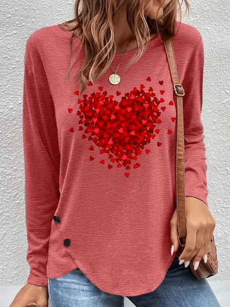 Women's Crew Neck Heart Simple Long Sleeve Top, color:Pink|size:3XL, Lilicloth.com