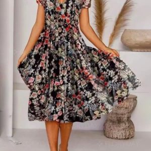 Women's A Line Dress Midi Dress Short Sleeve Loose Floral Print Spring Summer V Neck Elegant Casual Vacation Midi Dress, Midi, color:Black|size:XXL, Noracora