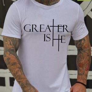 Greater Is He Cross Waterproof Oilproof And Stainproof Fabric Men's T-Shirt, color:White|size:3XL, Lilicloth.com