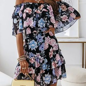 Women's Resort Casual Floral Fitted A-Line Dress Everyday Clothing, Dresses, color:Black|size:XXL, JustFashionNow