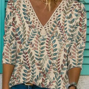 JFN V Neck Casual Leaf Autumn Daily Long sleeve Top, T-Shirts, color:Khaki|size:XXL, JustFashionNow