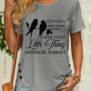 Lilicloth X Y Don’t Worry About A Thing Cause Every Little Thing Gonna Be Alright Women’s Casual T-Shirt, color:Gray|size:3XL, Lilicloth.com