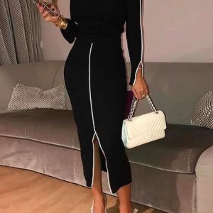 Crew Neck Elegant Color Block Long Sleeve Dress, Midi Dresses, color:Black|size:XXL, Stylewe