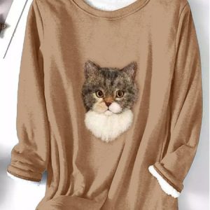 Casual Cat Animal Regular Fit Crew Neck Cotton-Blend Sweatshirt, Sweatshirts & Hoodies, color:Brown|size:XXL, JustFashionNow