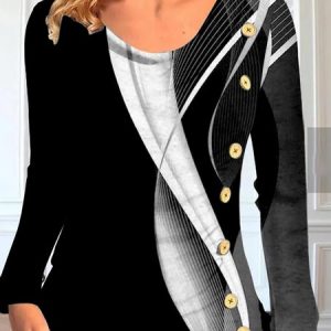 Long Sleeve Color Block Buckle Regular Micro-Elasticity Loose Shirt For Women, Blouses, color:Black|size:3XL, Noracora