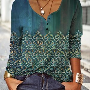 Damask Ombre Boho Half Open Collar Top, Shirts & Blouses, color:Green|size:XXL, JustFashionNow