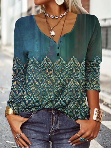 Damask Ombre Boho Half Open Collar Top, Shirts & Blouses, color:Green|size:XXL, JustFashionNow