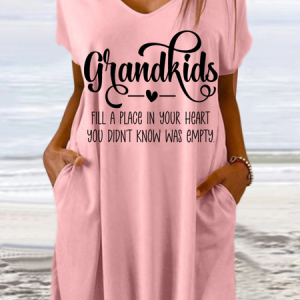Women's Funny Grandkids Fill A Place In Your Heart You Didn't Know Was Empty Casual V Neck Dress, color:Pink|size:3XL, Lilicloth.com