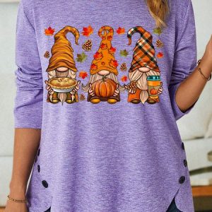 Womens Halloween Gnomes Casual Crew Neck Top, color:Purple|size:3XL, Lilicloth.com