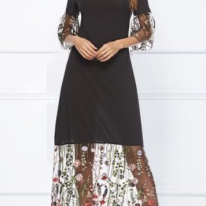 Women Floral Crew Neck Three Quarter Sleeve Comfy Party Lace Maxi Dress, Dresses, color:Black|size:5XL, Noracora