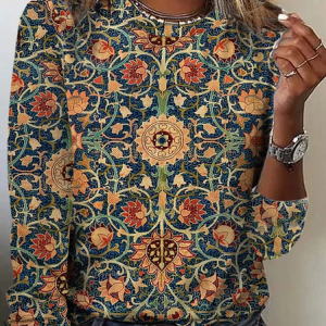 Casual Ethnic Crew Neck Long Sleeve T-shirt, T-shirts, color:Khaki|size:XXL, Noracora