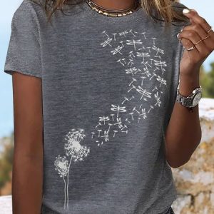 Casual Dandelion Printed Crew Neck Jersey T-Shirt, T-shirts, color:Gray|size:XXL, Noracora