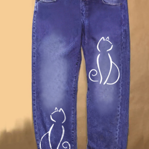 Funny Cat Denim Printed Jeans, color:Blue|size:3XL, Lilicloth.com