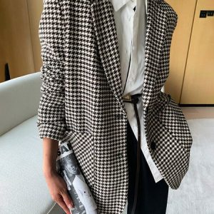 Houndstooth Urban Lapel Collar Loose Blazer, Blazers, color:Black-white|size:XXL, Stylewe
