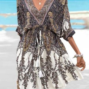 Loose Vacation Ethnic V Neck Dress, Boho Dresses, color:Multicolor|size:XXL, JustFashionNow