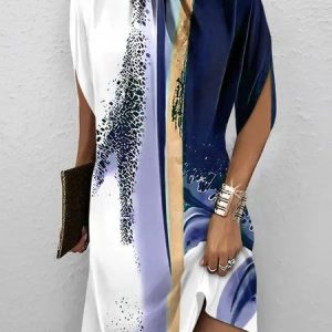 Half Turtleneck Casual Abstract Dress, Short, color:Purplish blue|size:XXL, catalog Noracora shop