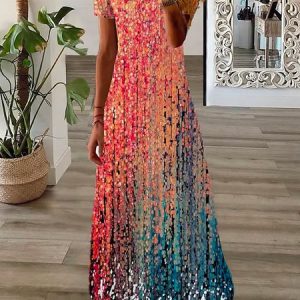 Casual V Neck Loose Geometric Dress, Maxi, color:Red|size:XXL, Noracora
