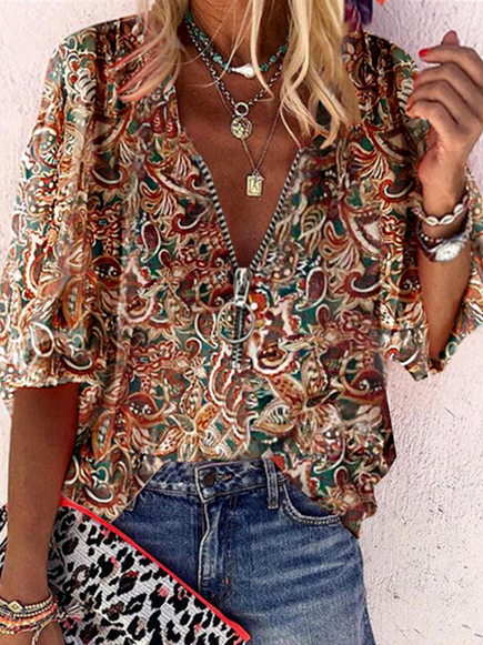 Casual Cotton Blends Paisley Short sleeve Top, JustFashionNow Shirts & Blouses, color:Multicolor|size:XXL,
