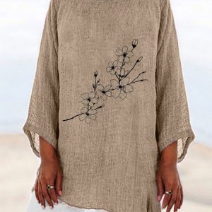 Casual Floral Crew Neck Regular Fit T-Shirt, T-Shirts, color:Khaki|size:XXL, JustFashionNow