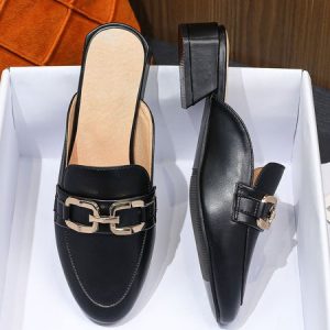 Black Faux Leather Metal Chain Slip-On Loafer Mules, Flats, color:Black|size:43, JustFashionNow