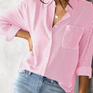 Casual Striped Shirt Collar Blouse, Shirts & Blouses, color:Stripe|size:XXL, JustFashionNow