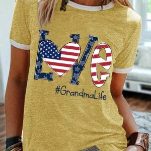 Women's Funny Love Grandma Life America Flag Graphic Printing 4th Of July Regular Fit Cotton-Blend Casual Text Letters T-Shirt, color:Yellow|size:3XL, Lilicloth.com