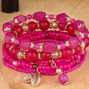 Boho Leaf Pendant Glass Bracelet, Bracelets, color:Deep Pink|size:One-size, JustFashionNow