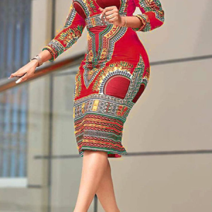 Tight High Elasticity Ethnic V Neck Long sleeve Elegant Dress, Midi Dresses, color:Red|size:XXL, Stylewe