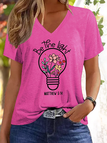 Women's Be The Light Christian Flowers V Neck Casual Cotton-Blend T-Shirt, T-shirts, Lilicloth.com