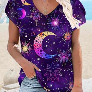 Women's V Neck Abstract Art Print Casual T-Shirt, T-shirts, Lilicloth.com