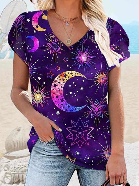 Women's V Neck Abstract Art Print Casual T-Shirt, T-shirts, Lilicloth.com