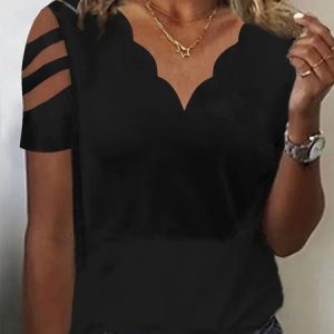 Women's Cold Shoulder Tops V Neck Vacation Plain Skin-friendly and Breathable T-Shirt, T-Shirts, color:Black|size:XXL, JustFashionNow