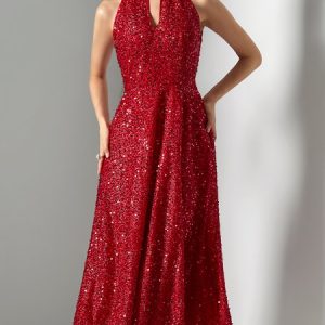 Crew Neck Plain Wedding Dress & Party Dress, Maxi Dresses, color:Red|size:XL, Stylewe