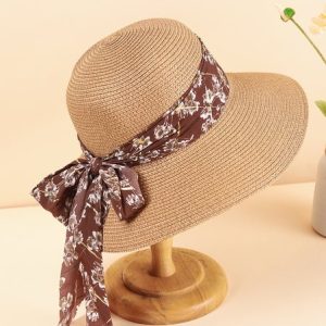 Vacation Floral Ribbon Decorated Straw Hat Bohemia Beach Women's Sunscreen Accessories, Women Hats, color:Khaki|size:One-size, JustFashionNow