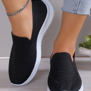 Women Minimalist Casual Slip On Breathable Flyknit Sneakers, Sneakers, color:Black|size:42, JustFashionNow